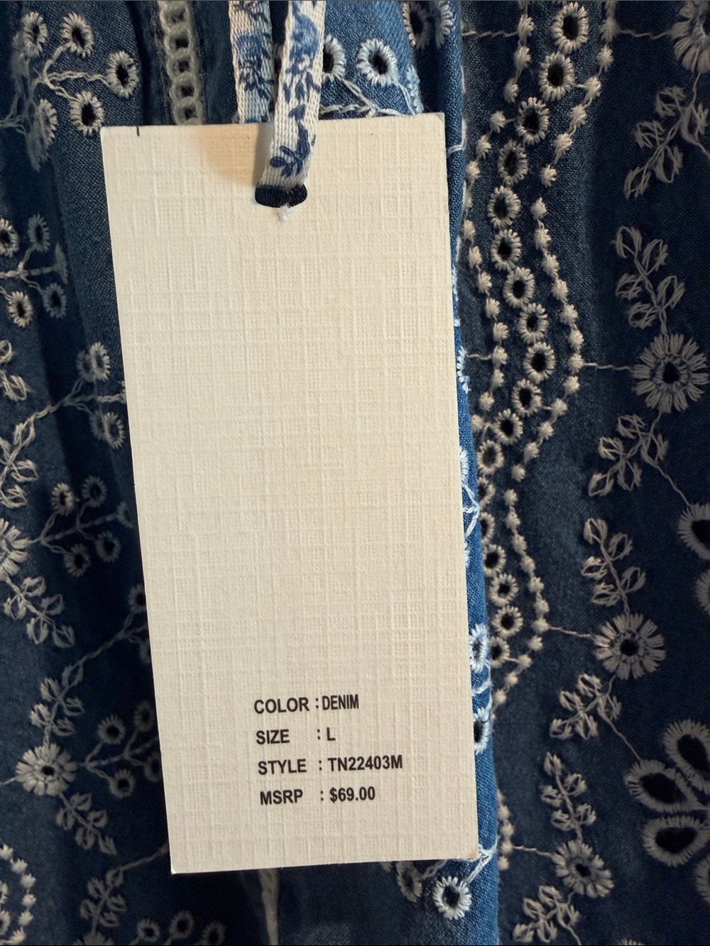 Blue Eyelet Embroidered Flutter-Sleeve Blouse, Large - Picture 6 of 6